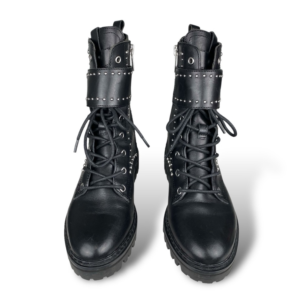 Marc Fisher Women's Black Leather Combat Studded Buckle Boots Moto Grunge Goth